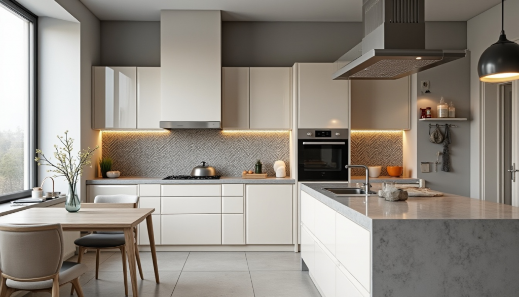 Cocina contemporánea con azulejos hidráulicos